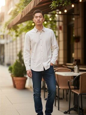 Striped Cream Long-Sleeve Button-Down Shirt M Quiet Luxury Linen
